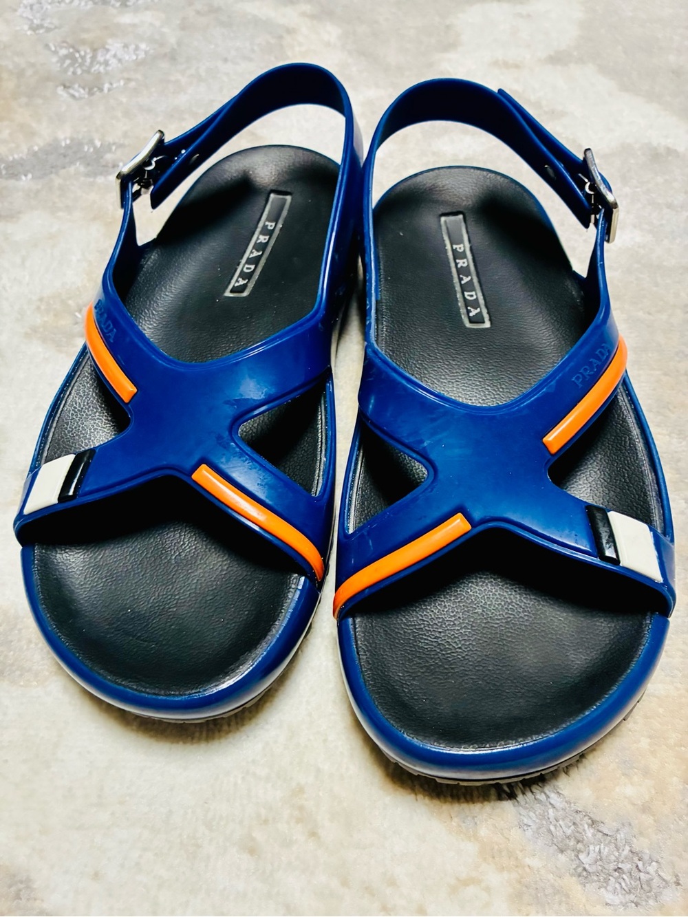 Prada Navy Blue Sandals with Bright Orange Trim - Picture 4 of 7